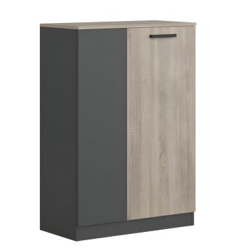 Armario bajo de dos puertas con cuerpo gris oscuro y puerta derecha en madera clara texturizada con tirador negro