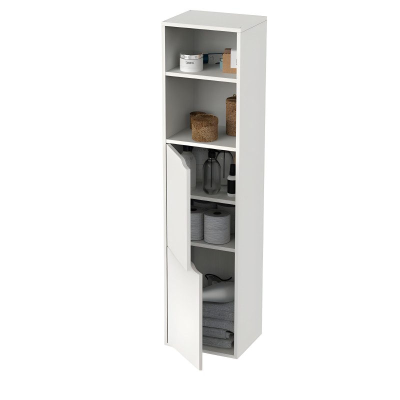 Armario vertical blanco con estantes abiertos y puerta inferior con productos de almacenamiento y decoración