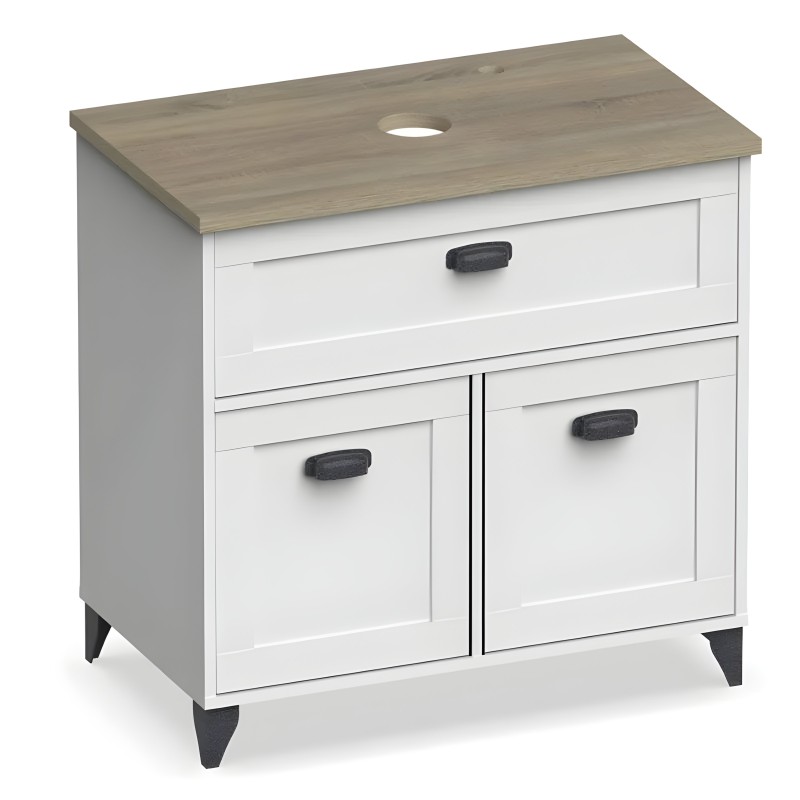 Mueble bajo blanco con encimera roble y orificio superior incluye un cajón y dos puertas abatibles con tirador negro
