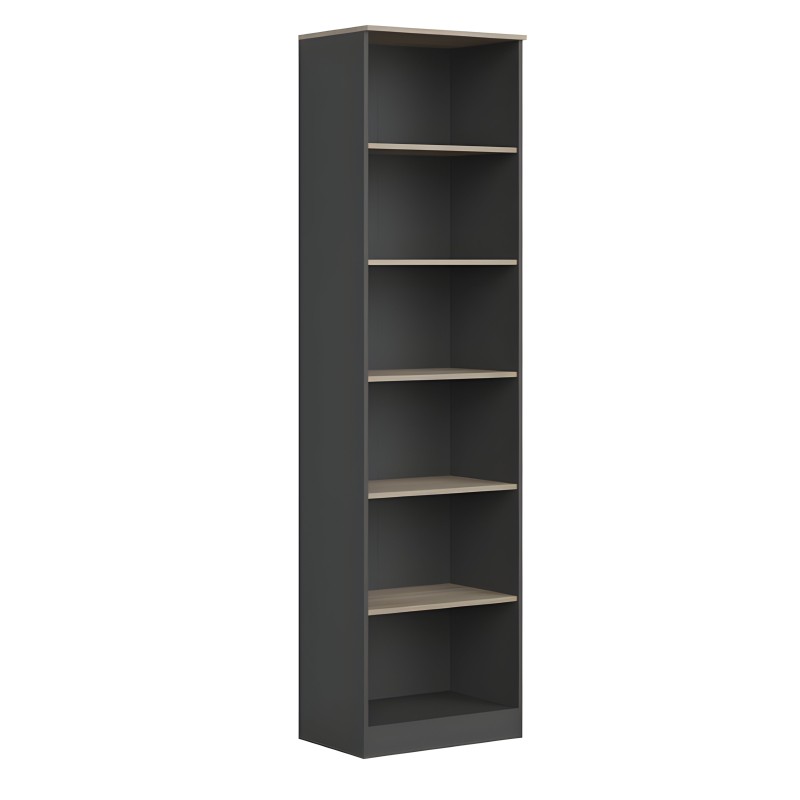 Estantería vertical estrecha color gris oscuro con 7 estantes de madera clara y estructura abierta