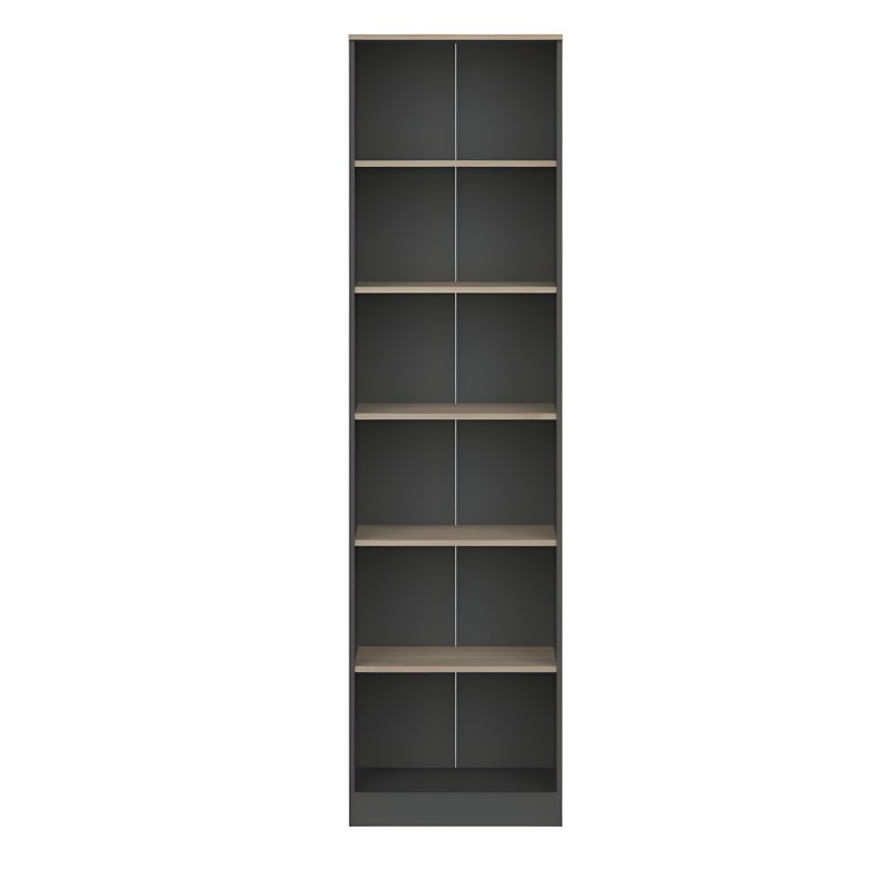 Estantería vertical negra con 6 compartimentos y divisiones centrales en estructura de madera clara