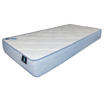 Colchón individual acolchado blanco y azul con borde azul y etiqueta de tela en lateral