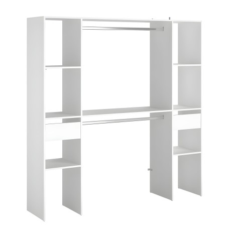 Estantería modular blanca con compartimentos abiertos y puertas correderas de vidrio y estructura metálica