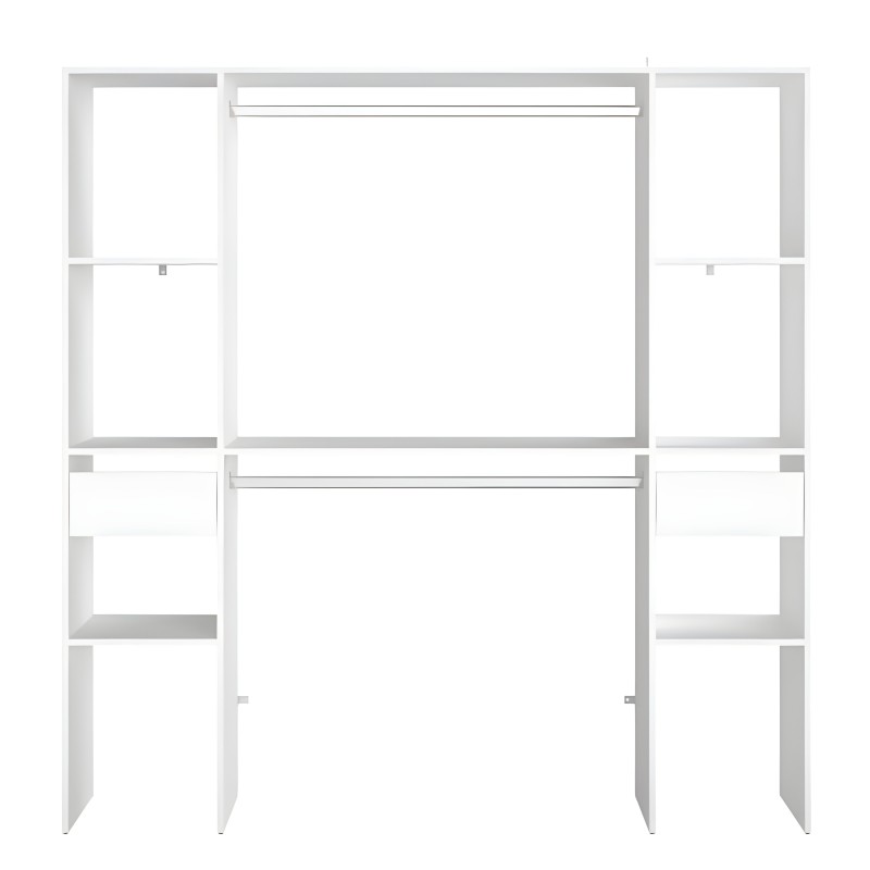 Estantería modular blanca con estructura de metal y múltiples compartimentos abiertos para almacenamiento y exposición