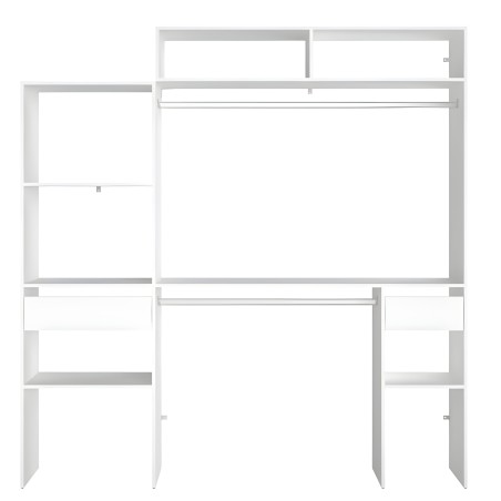 Estantería modular blanca con múltiples compartimentos y divisiones ajustables para almacenamiento