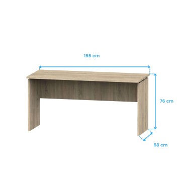 Escritorio rectangular en madera clara con tablero liso y estructura de patas laterales vistas desde ángulo frontal