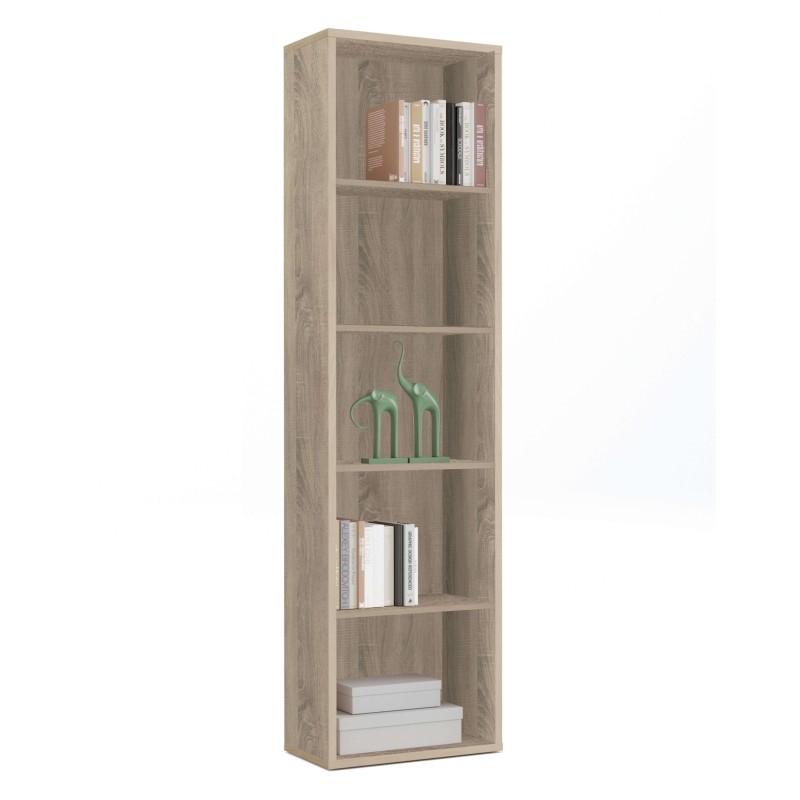 Estantería vertical de madera clara con 6 compartimentos abiertos y libros y decoración