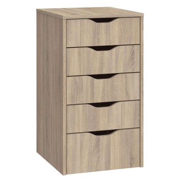 Cajonera de madera clara con cinco cajones y asas cóncavas en acabado roble natural