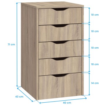 Cajonera de madera clara con cinco cajones y asas cóncavas de diseño moderno y minimalista