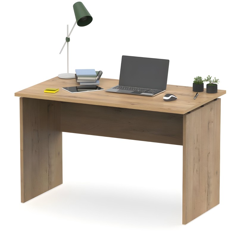 Escritorio de madera clara con cajón en ambiente de trabajo con lámpara verde y accesorios
