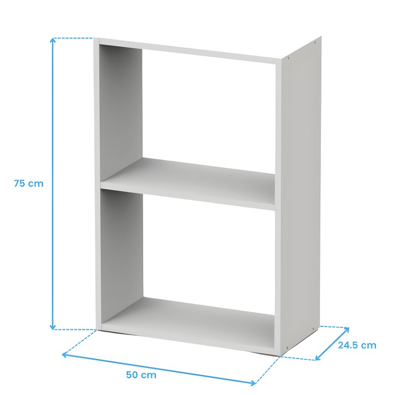 Estantería blanca de melamina con estructura abierta y dos estantes horizontales internos