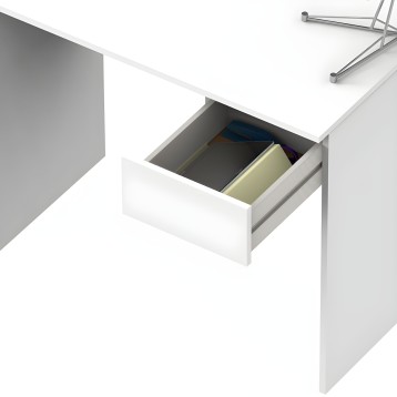 Escritorio blanco con cajón abierto mostrando interior con documentos y patas metálicas cromadas