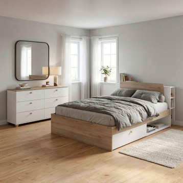 Dormitorio completo con cama de madera y blanco con almacenaje y tocador blanco con espejo de marco negro