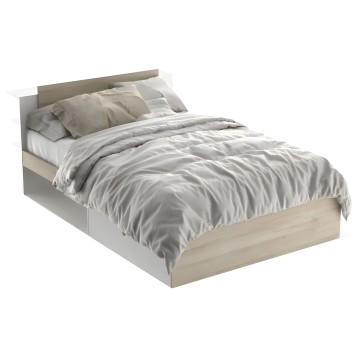 Cama con estructura blanca y cabecero gris topo con ropa de cama gris claro y almohadas beige