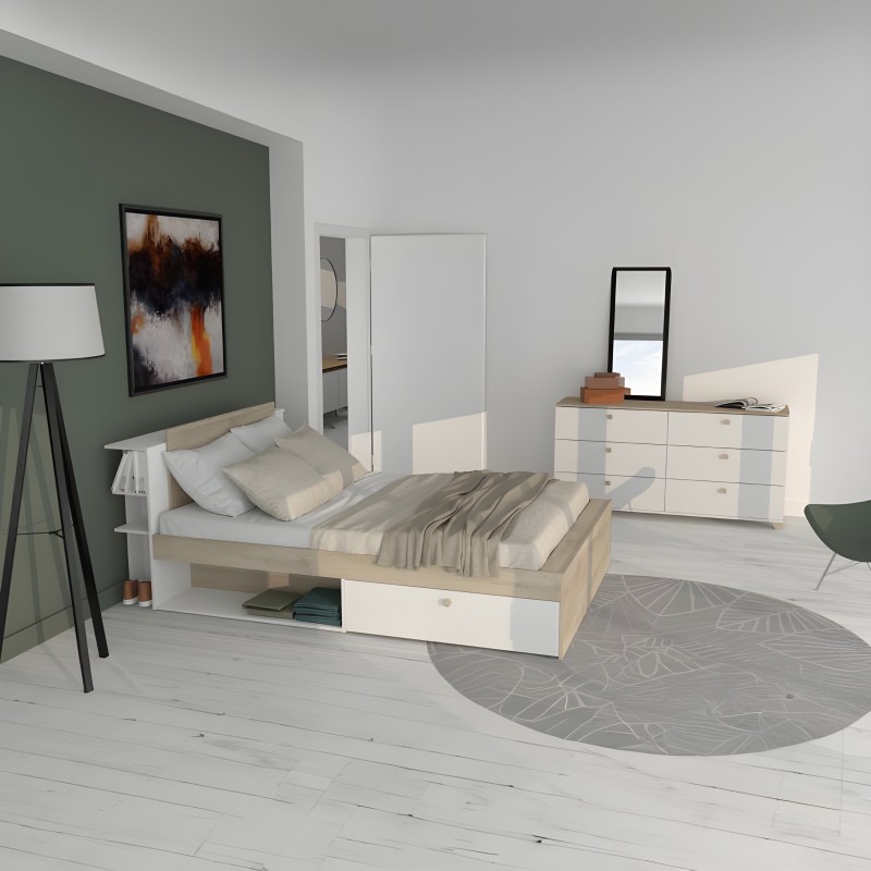 Cama de madera natural y blanca con almacenaje integrado en dormitorio moderno con pared verde