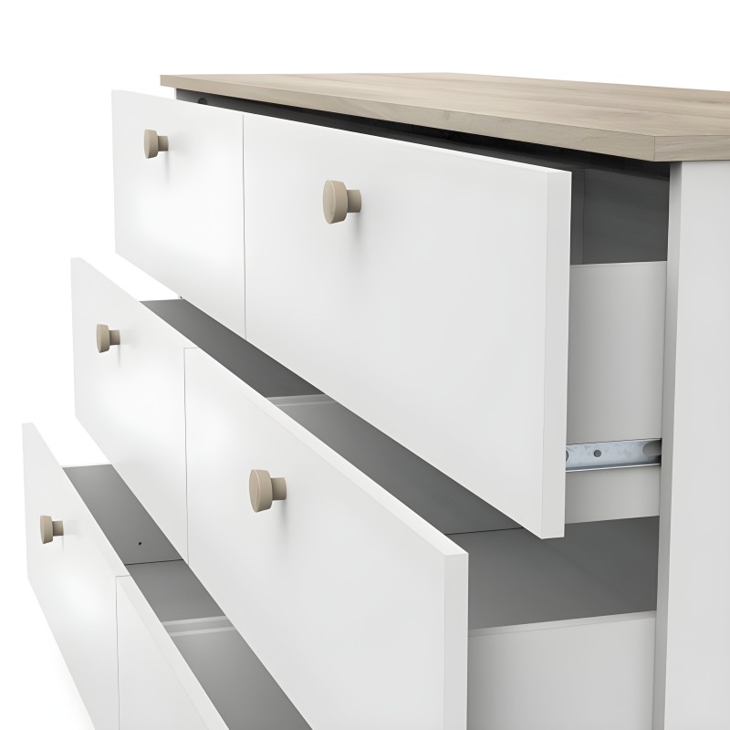 Cómoda blanca con cuatro cajones y tirador de madera natural sobre estructura gris y tapa de madera clara