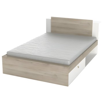 Cama con estructura en madera clara y blanco con respaldo tapizado y almacenamiento lateral