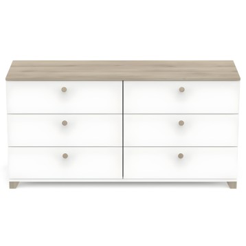 Cómoda blanca con seis cajones y tapa en madera clara con tiradores beige