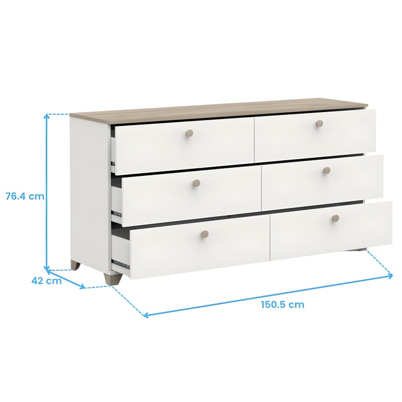 Cómoda blanca con seis cajones y tablero gris madera con tirador beige y patas de madera