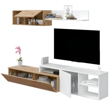 Mueble TV modular madera natural y blanco con estantería mural y puertas abatibles para salón