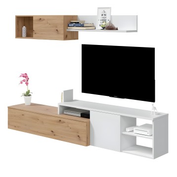 Módulo TV panorámico combinado madera natural y blanco con estantes abiertos y cajón inferior