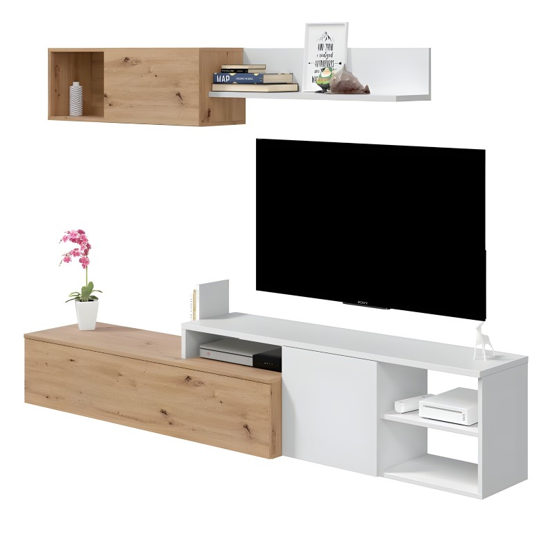 Módulo TV panorámico combinado madera natural y blanco con estantes abiertos y cajón inferior