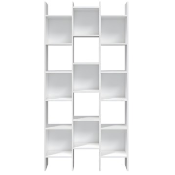 Estantería blanca modular con compartimentos abiertos y cerrados en diseño asimétrico frontal