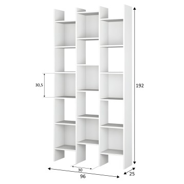Estantería blanca de diseño escalonado con múltiples compartimentos y estantes grises en distribución asimétrica