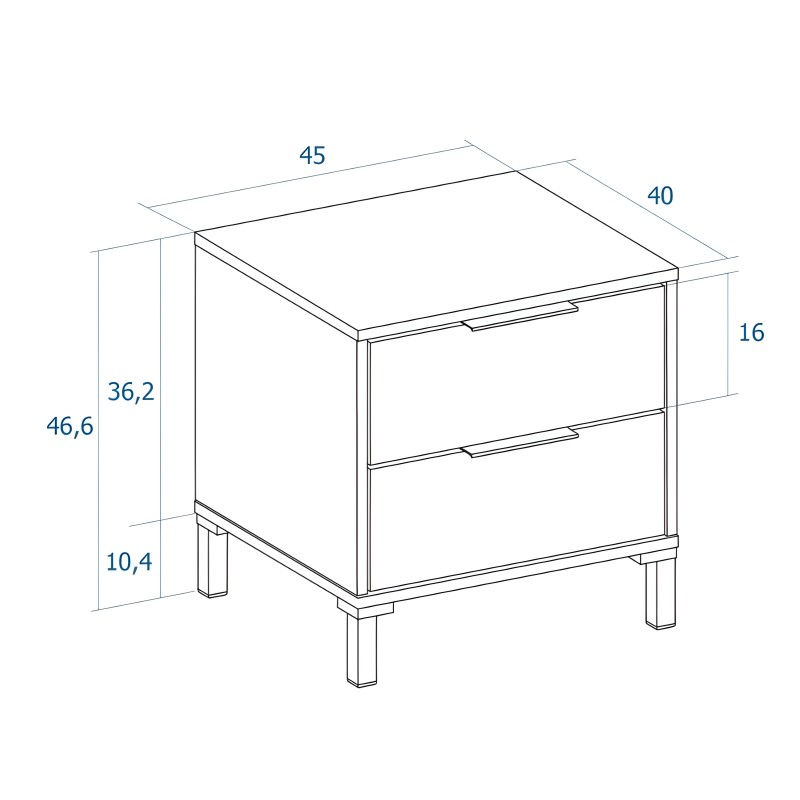 Mesita de noche con dos cajones y patas de madera vista en perspectiva técnica