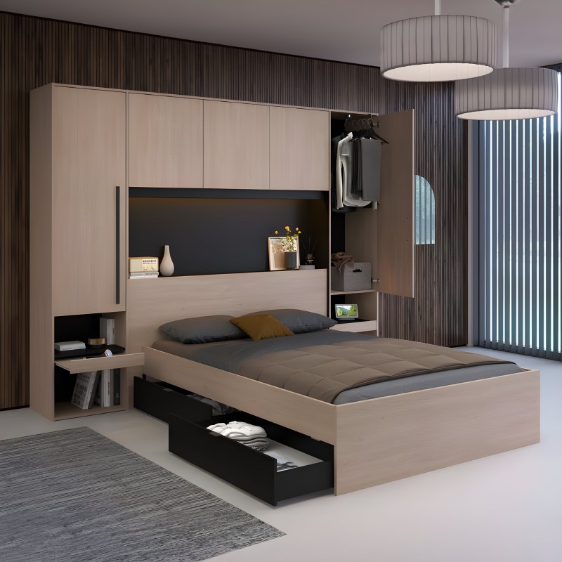 Dormitorio completo con cama de madera clara y cabecero integrado negro y cajon inferior de almacenaje