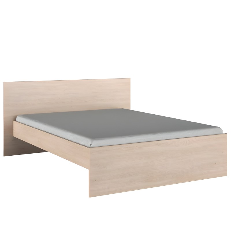 Cama de madera clara con cabecero y colchón gris vista frontal y lateral