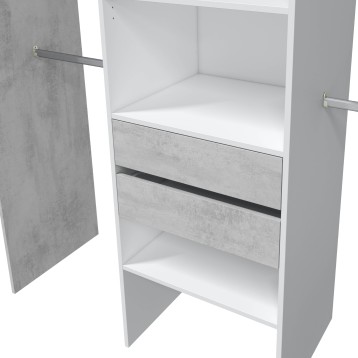 Armario blanco con puerta gris hormigón y dos cajones grises con tiradores metálicos vista interior
