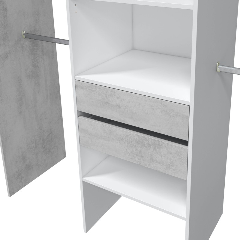 Armario blanco con puerta gris hormigón y dos cajones grises con tiradores metálicos vista interior