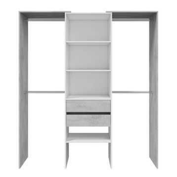Armario abierto modular gris y blanco con estantes centrales y cajones inferiores vista frontal