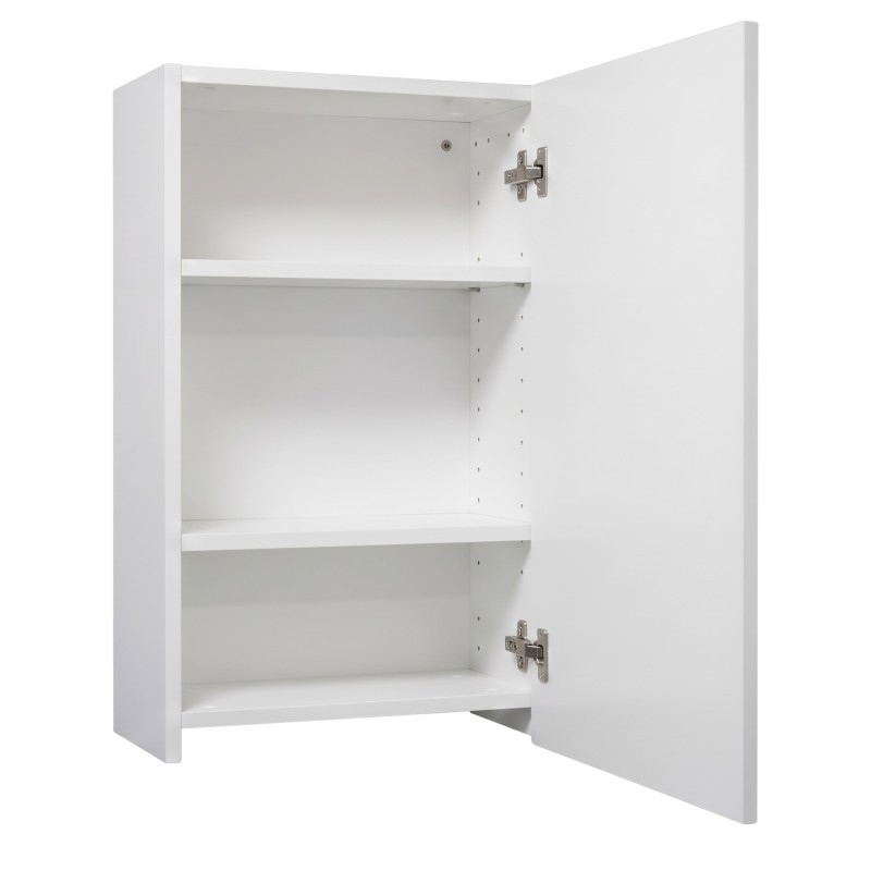 Armario blanco con puerta abierta y tres estantes ajustables interiores y herrajes plateados