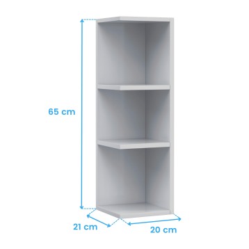 Estantería vertical blanca con tres compartimentos abiertos y estantes fijos