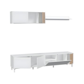 Mueble de salón modular blanco y madera con puertas y estantes abiertos vista de conjunto