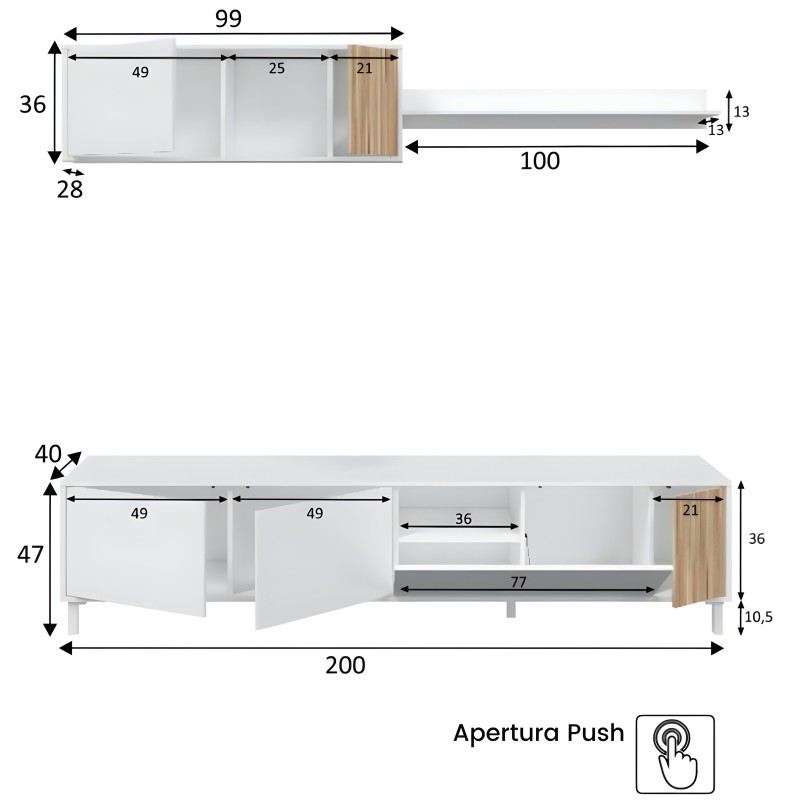 Mueble modular blanco con puertas y cajones y lateral en madera natural con apertura push vista frontal y lateral