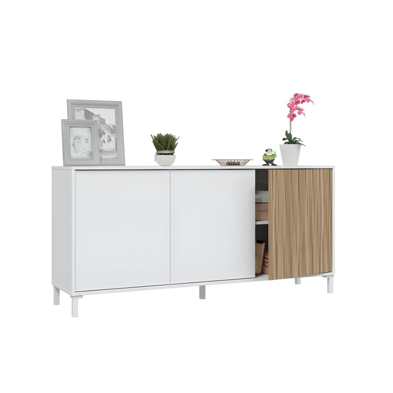 Aparador blanco y madera con puertas correderas y superficie decorada con plantas y marcos