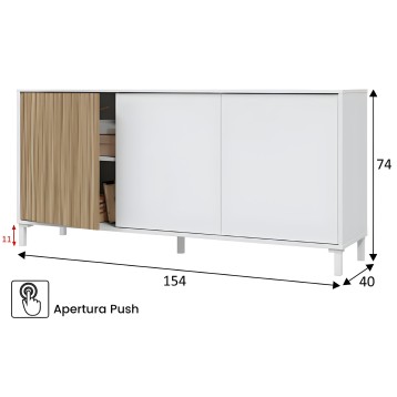 Aparador con puertas de madera natural y blanco con apertura push y patas metálicas