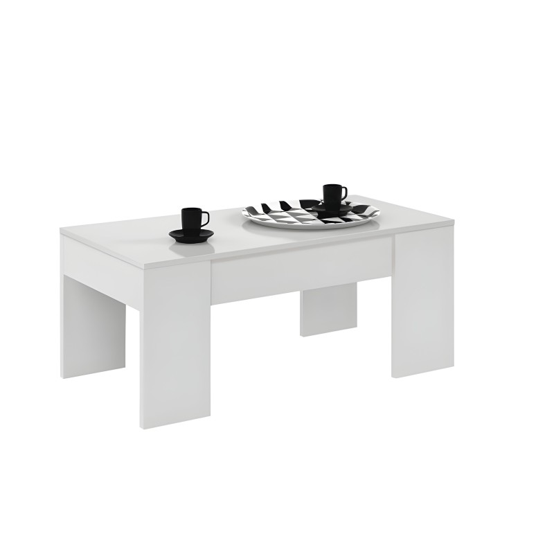 Mesa de centro rectangular blanca y patas decorada con tazas y platos negros