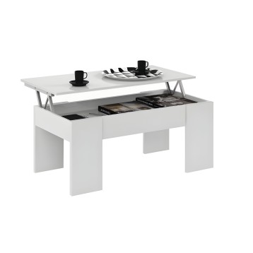 Mesa de centro blanca con tablero abatible y almacenamiento inferior abierto con decoración