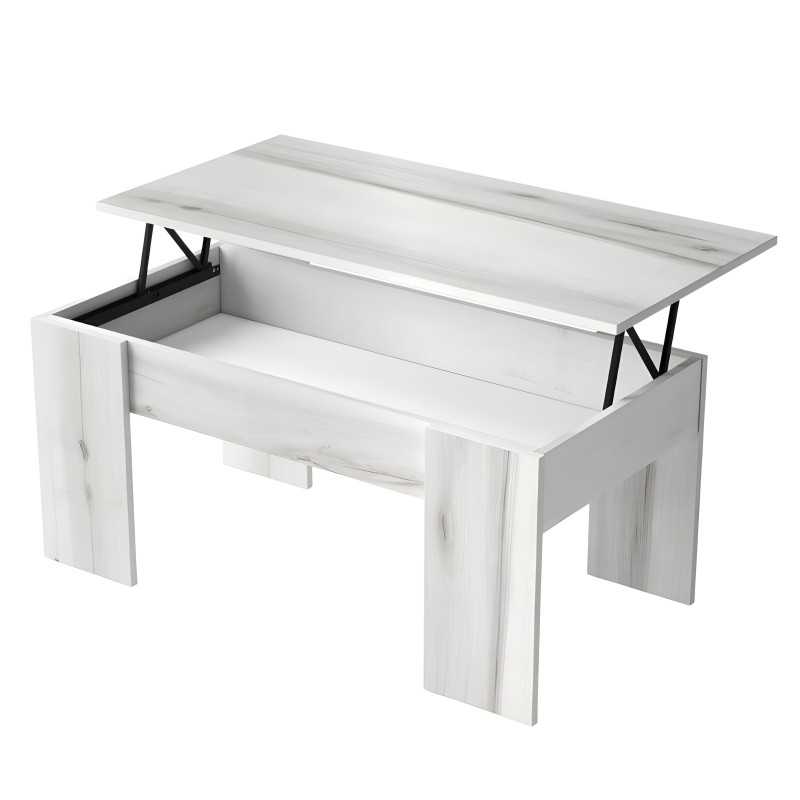 Mesa de centro elevable en madera blanca con tapa abatible y mecanismo de patas negras