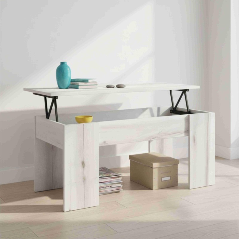 Mesa de centro blanca con tapa abatible y almacenamiento inferior decorada con jarrón azul y libros