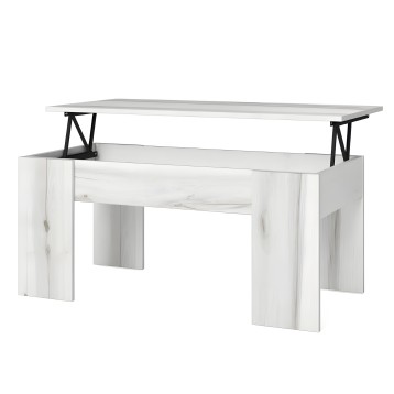 Mesa de centro elevable blanca con tablero gris y patas de madera con herrajes negros