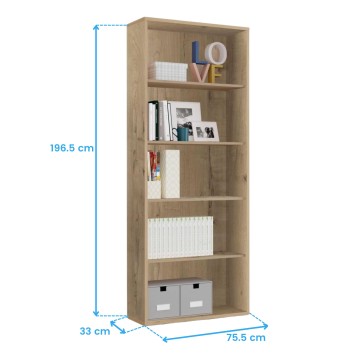 Estantería de madera clara con 6 estantes y 2 cajoneras blancas en la base para almacenaje y decoración