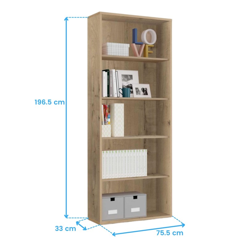 Estantería de madera clara con 6 estantes y 2 cajoneras blancas en la base para almacenaje y decoración