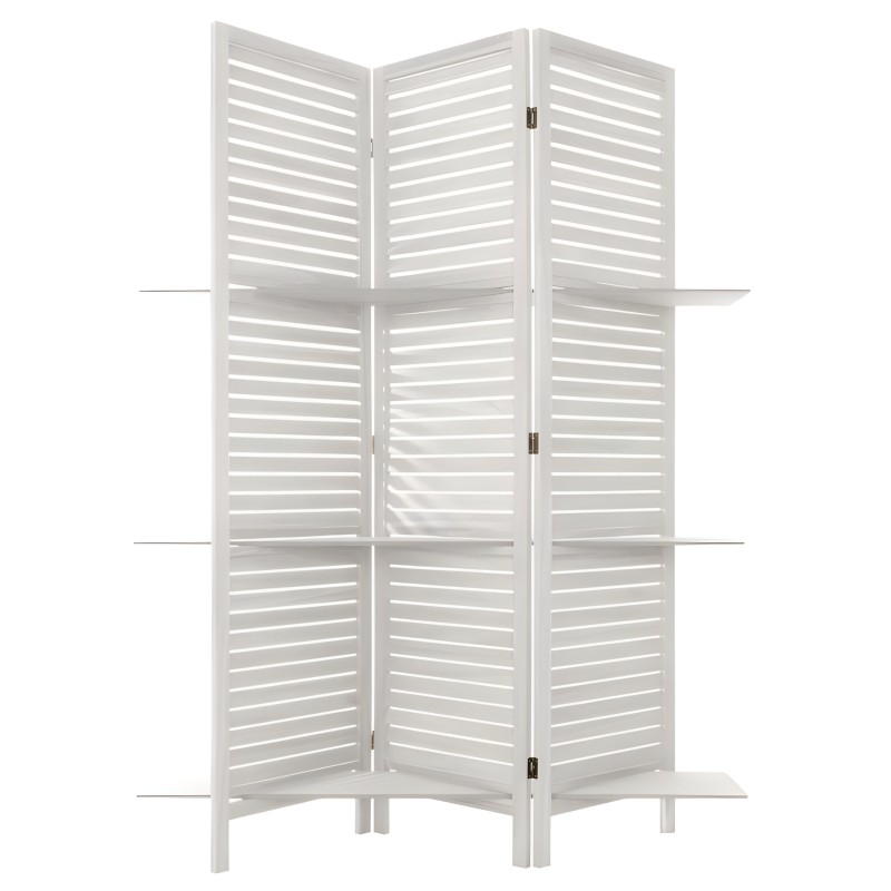 Biombo plegable de tres paneles en blanco con lamas horizontales y estantes laterales incorporados
