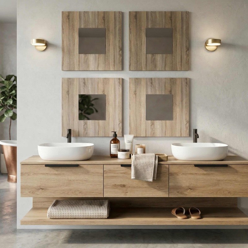 Mueble de baño flotante en madera clara con doble lavamanos redondos blancos y espejos de madera con marco