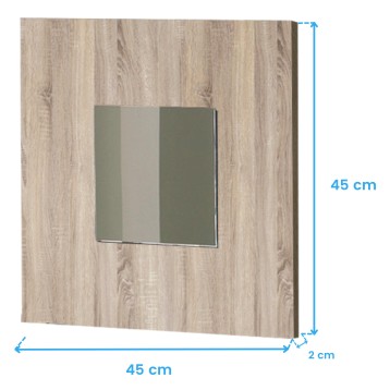 Espejo de pared con marco de madera clara y reflejo verde en vista frontal